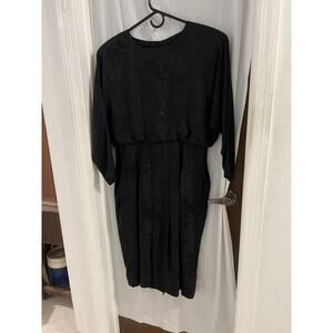 Silk Studio Black Floral Midi Dress Sz 14 Retro Silk Party Event
